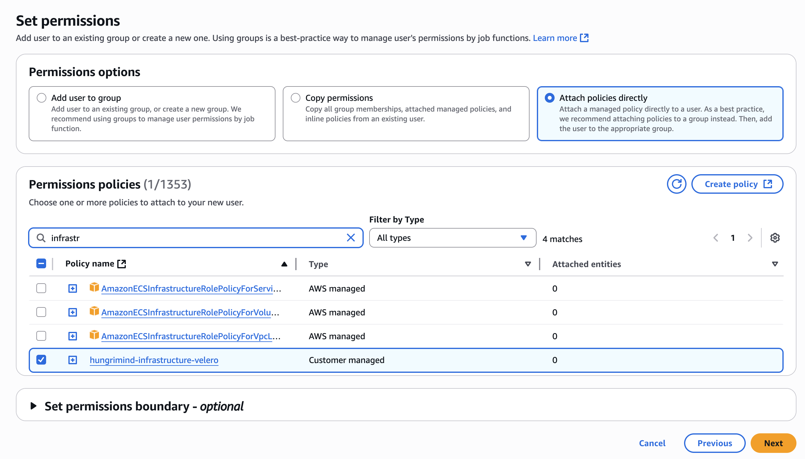 AWS IAM Set Permissions for User