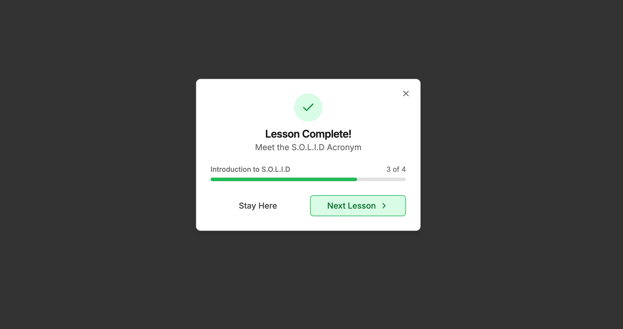 Lesson completion modal with progress