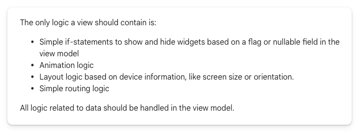 Flutter documentation excerpt highlighting View responsibilities and UI-specific logic