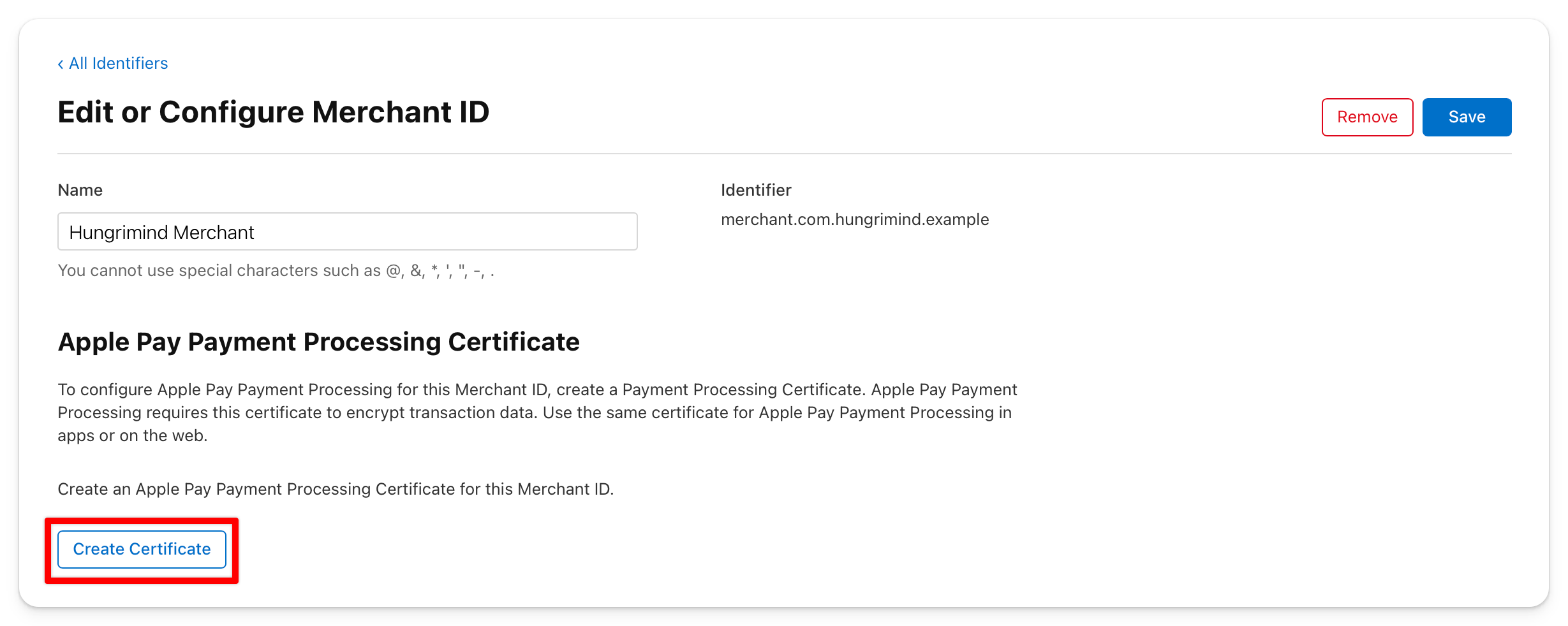 apple pay payment processing certificate configuration screen